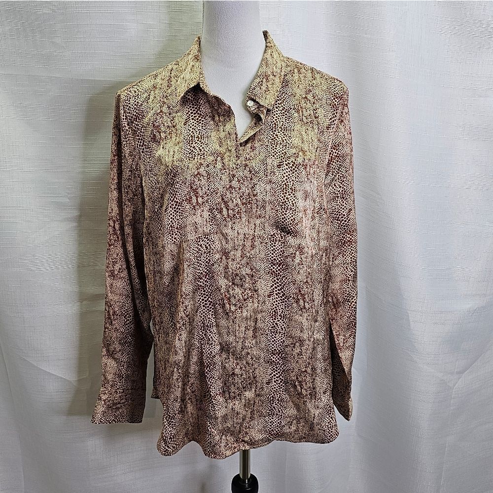 A New Day Brown Snakeskin Silky Button Front Blouse Size Large